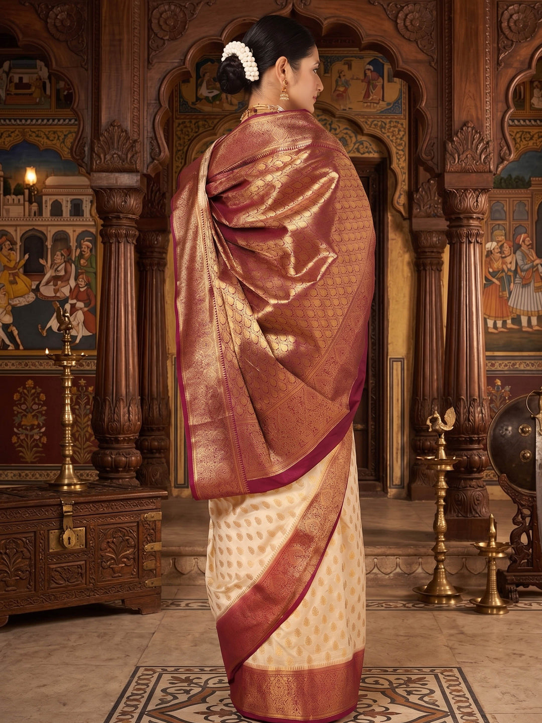 Off White Maroon Woven Design Balaton Saree