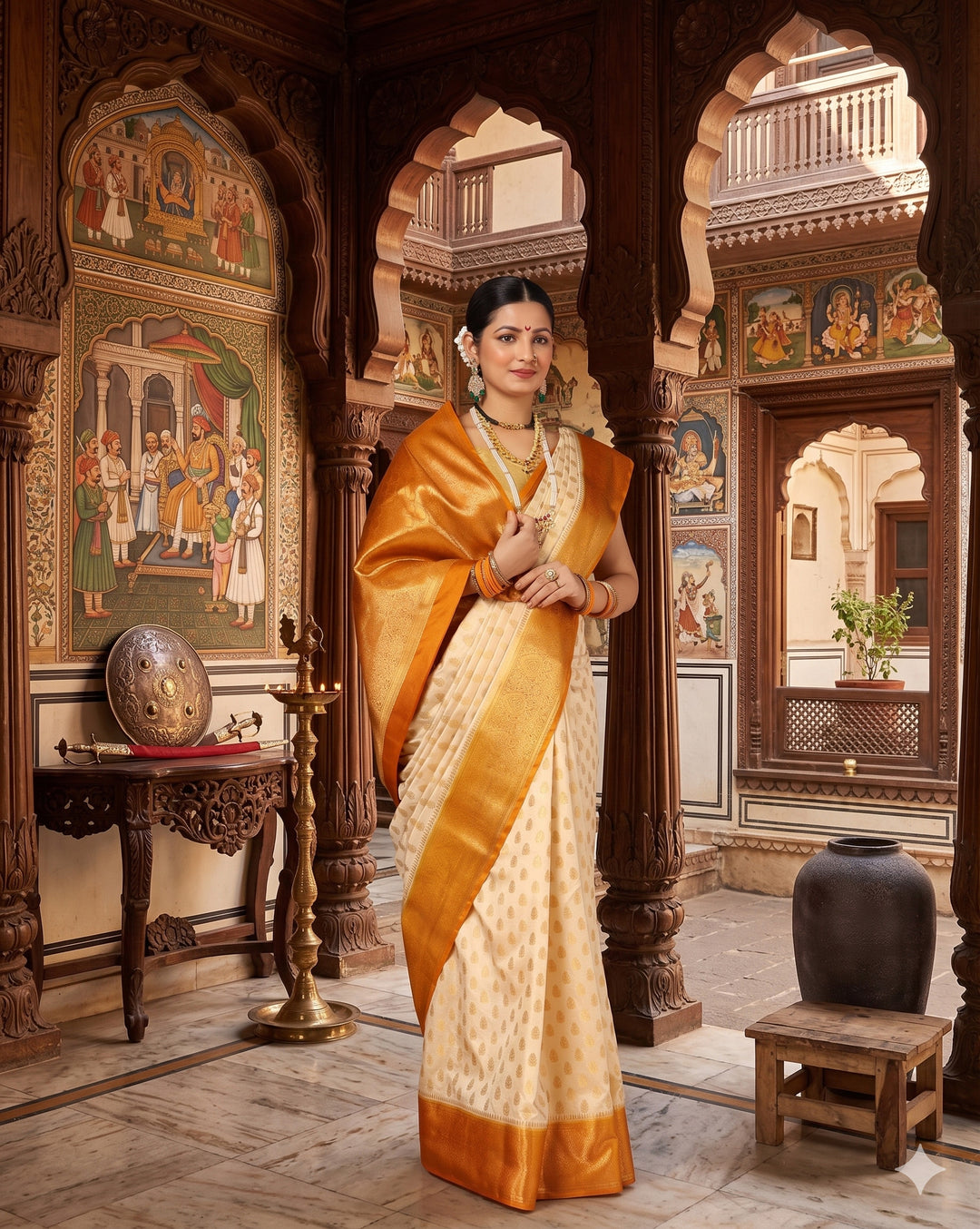 Off White Mustard Woven Design Balaton Saree