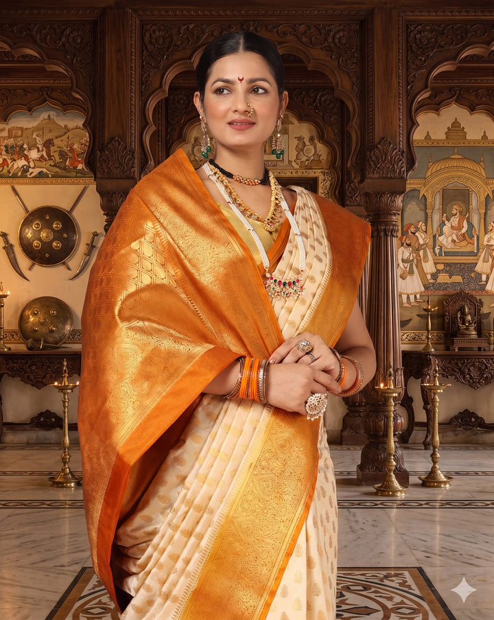 Off White Mustard Woven Design Balaton Saree