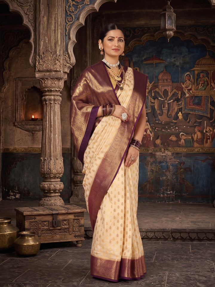 Off White Navy Woven Design Balaton Saree