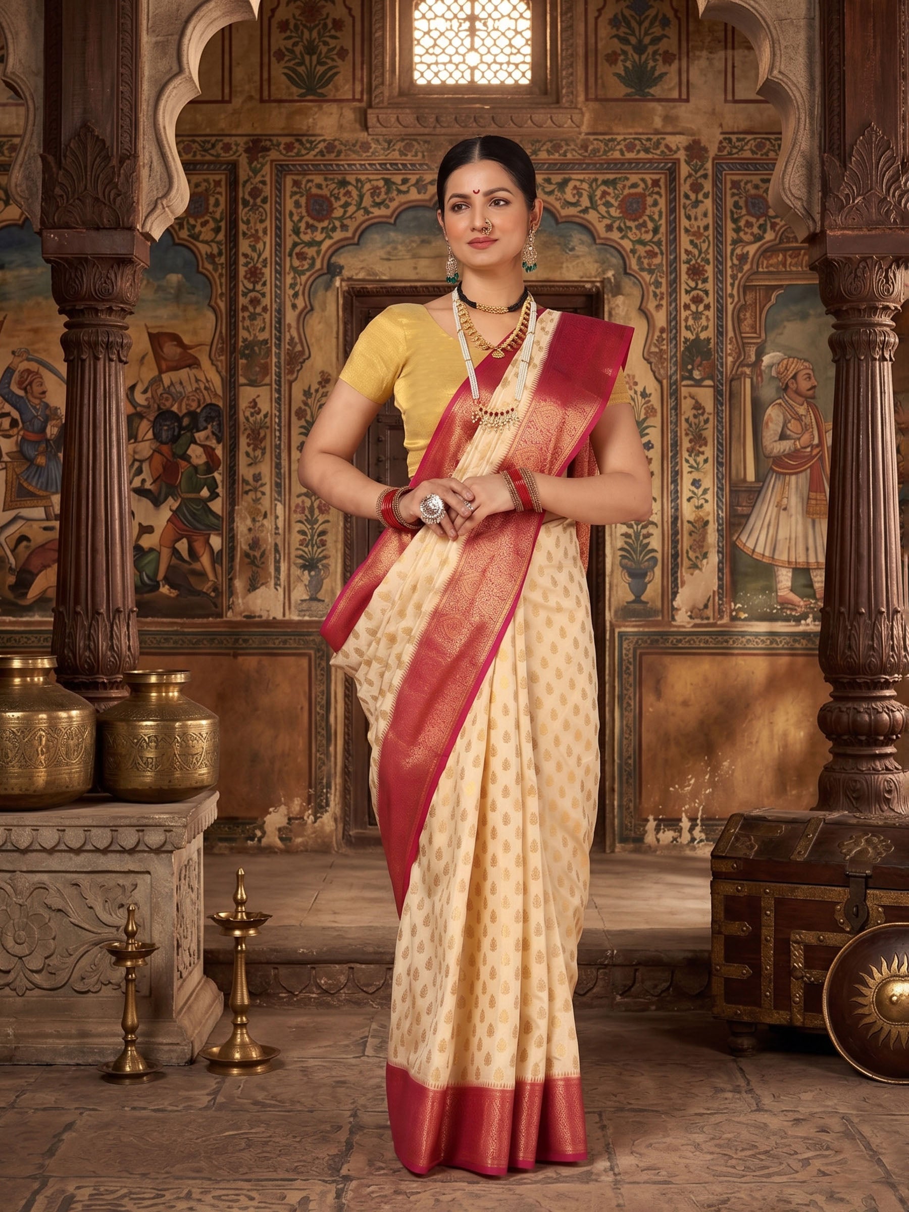 Off White Rani Pink Woven Design Balaton Saree – Meenabazaar