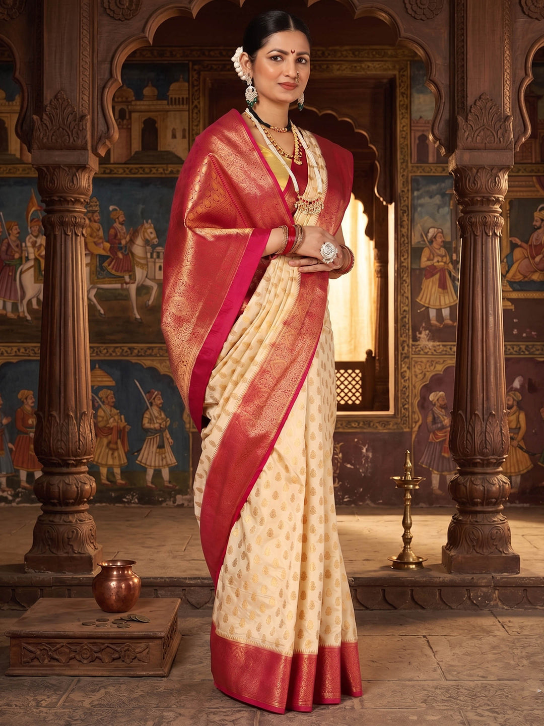 Off White Rani Pink Woven Design Balaton Saree