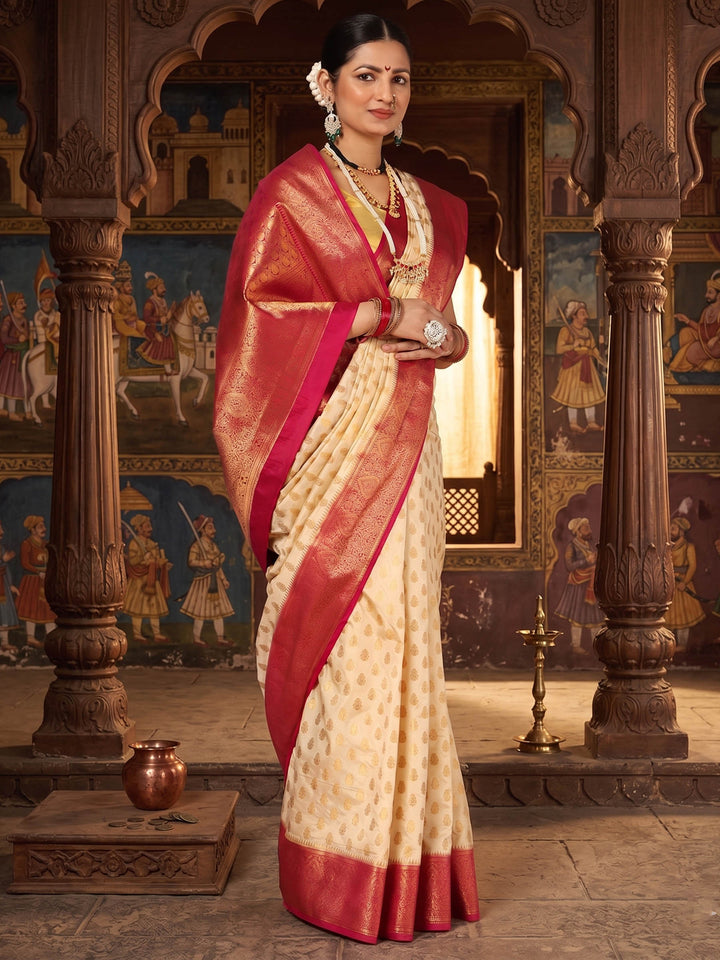 Off White Rani Pink Woven Design Balaton Saree