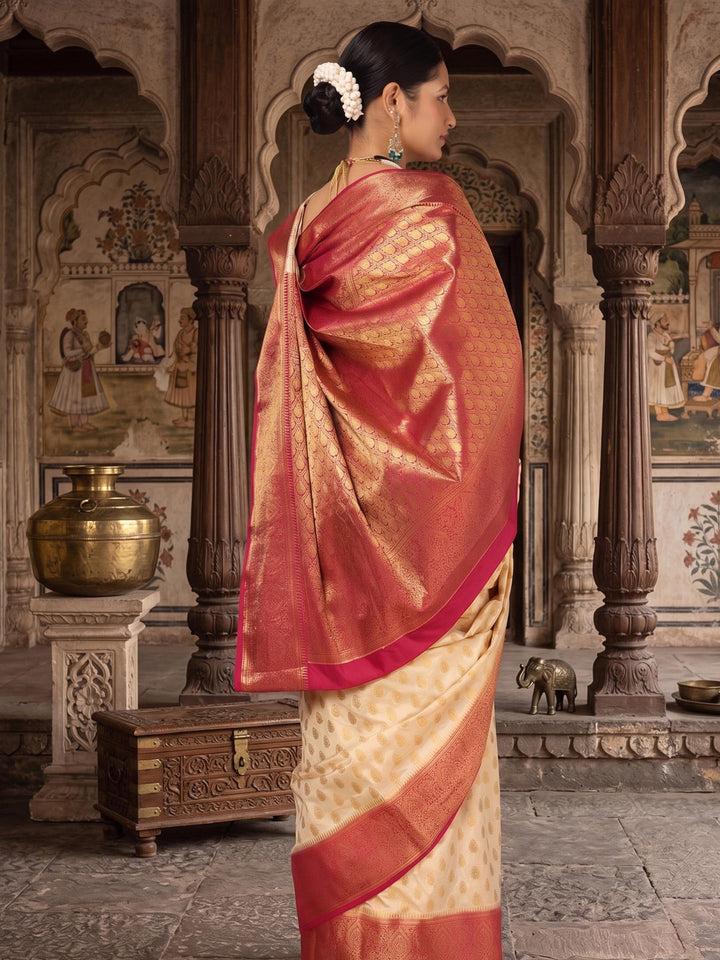 Off White Rani Pink Woven Design Balaton Saree