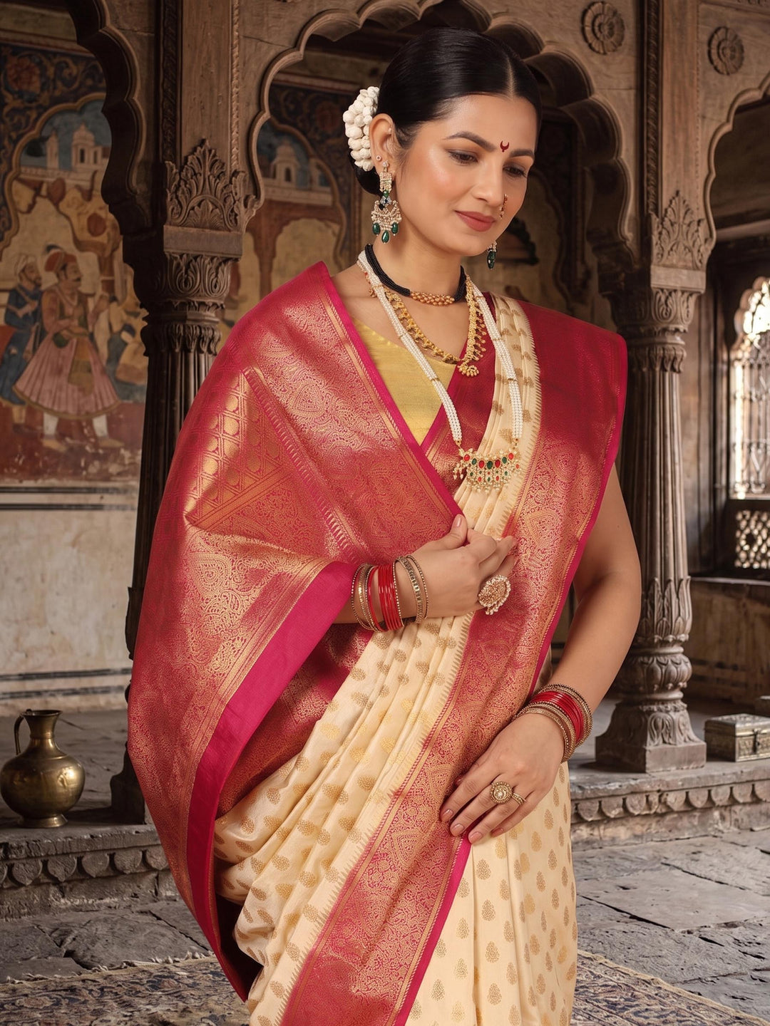 Off White Rani Pink Woven Design Balaton Saree