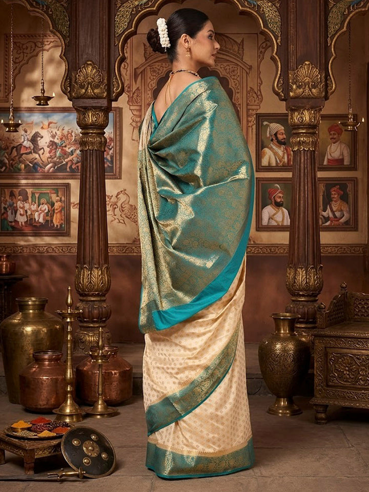 Off White Dark Blue Woven Design Balaton Saree