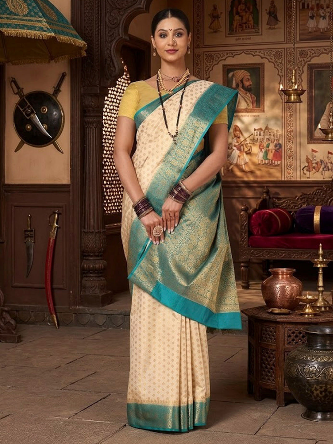 Off White Dark Blue Woven Design Balaton Saree