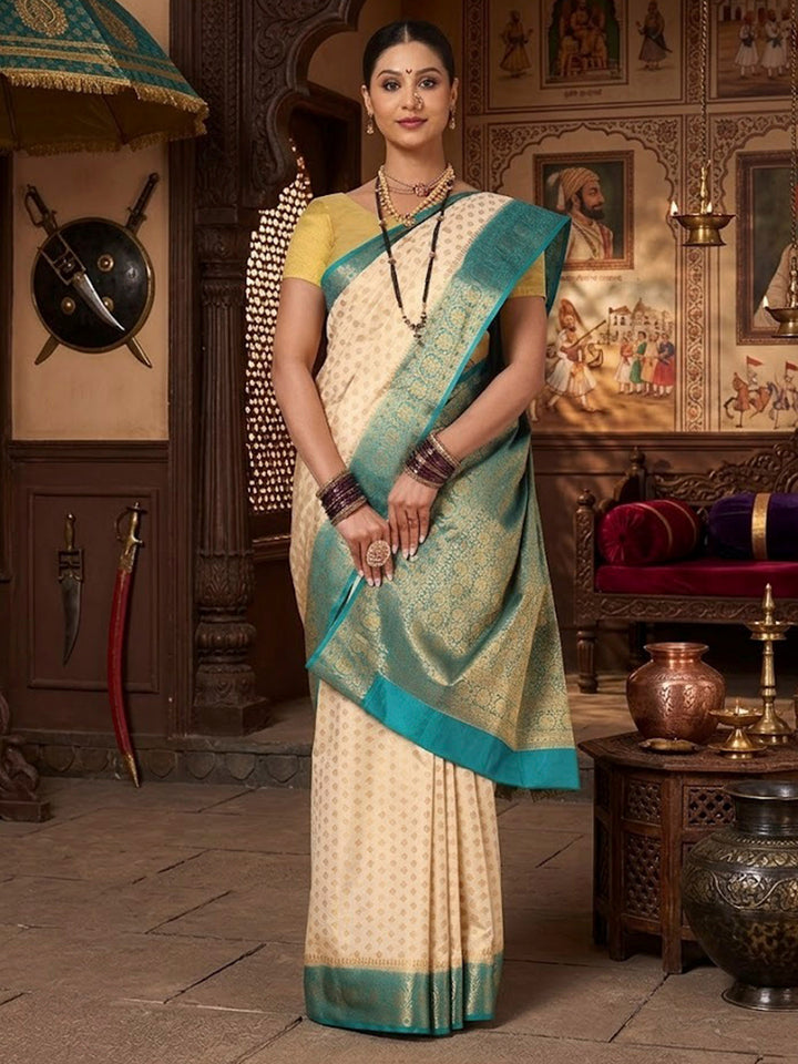 Off White Dark Blue Woven Design Balaton Saree
