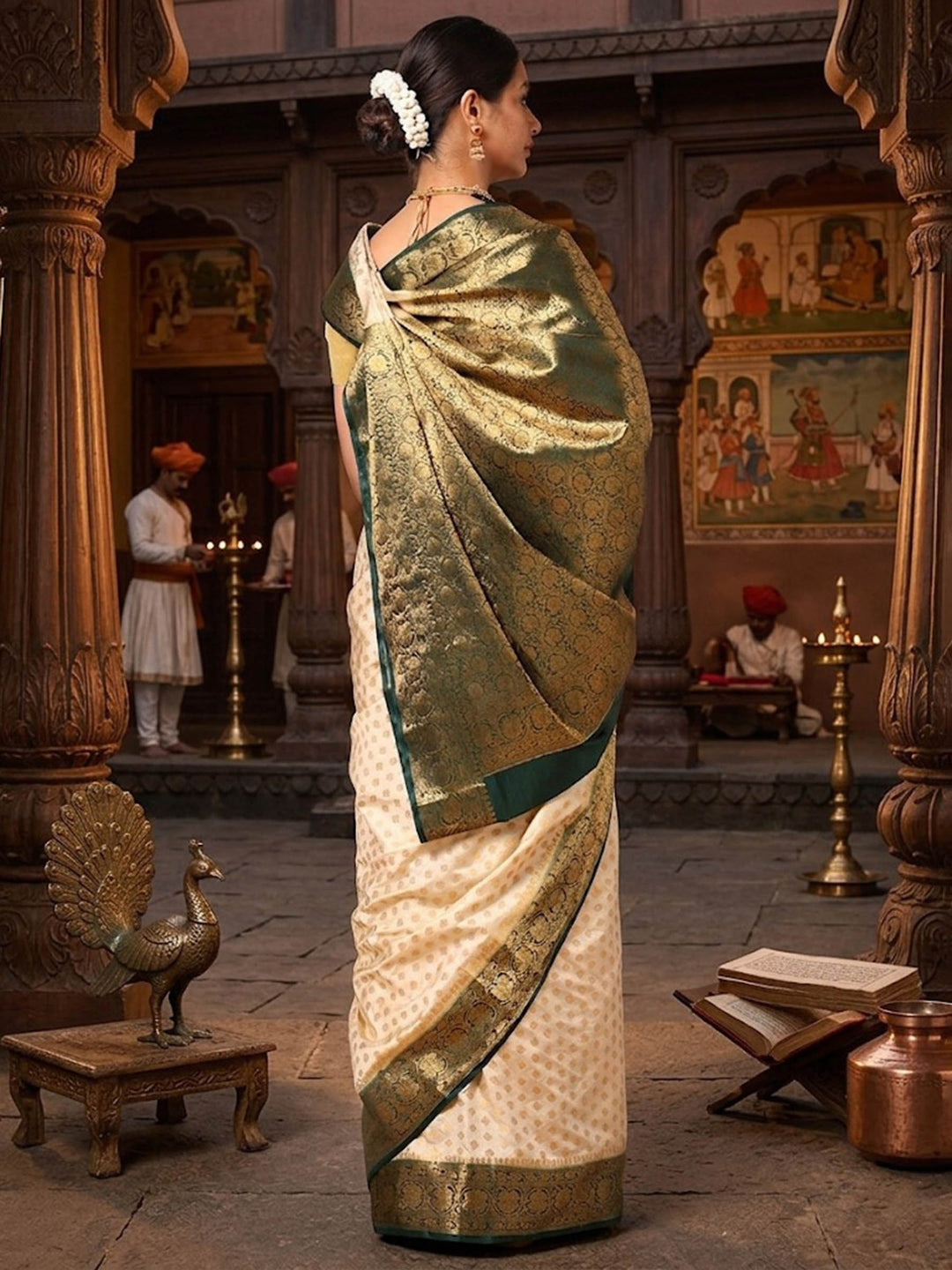 Off White Dark Green Woven Design Balaton Saree