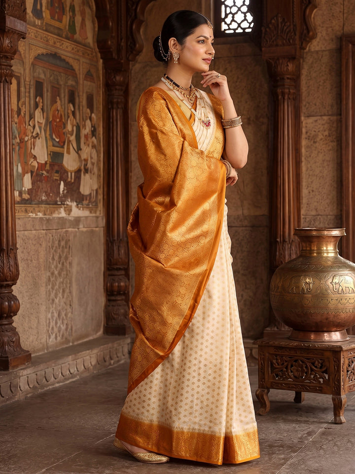 Off White Mustard Woven Design Balaton Saree