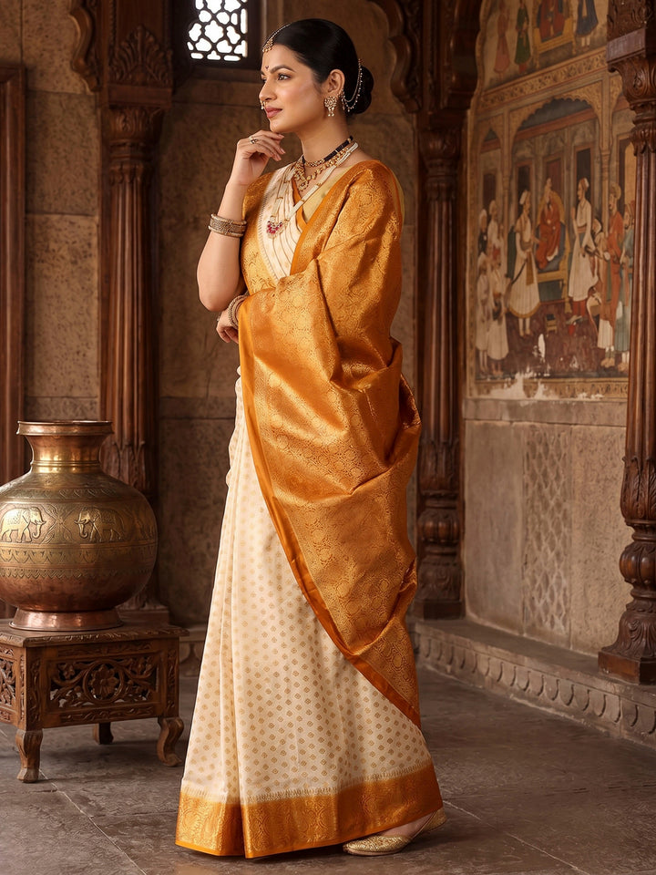 Off White Mustard Woven Design Balaton Saree