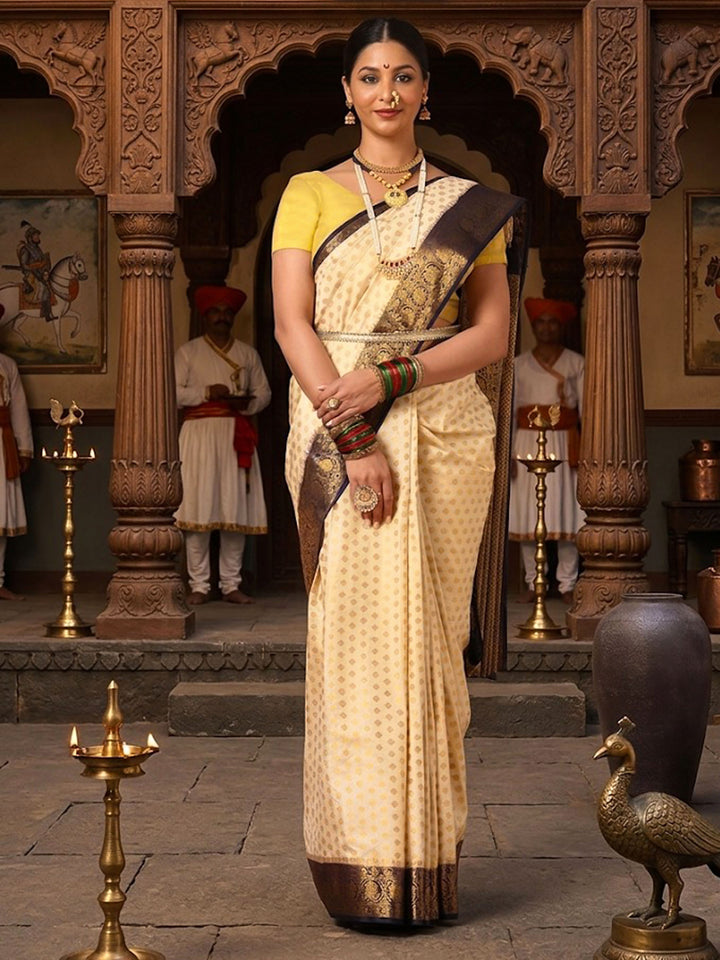 Off White Navy Woven Design Balaton Saree