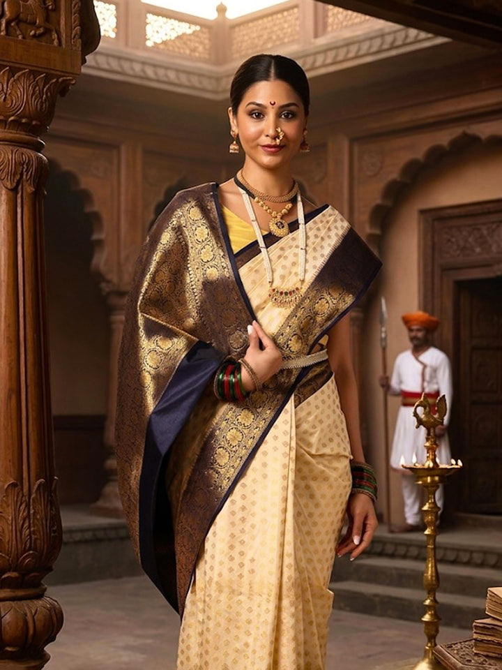 Off White Navy Woven Design Balaton Saree