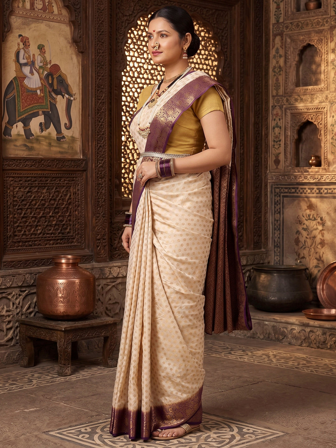 Off White Purple Woven Design Balaton Saree