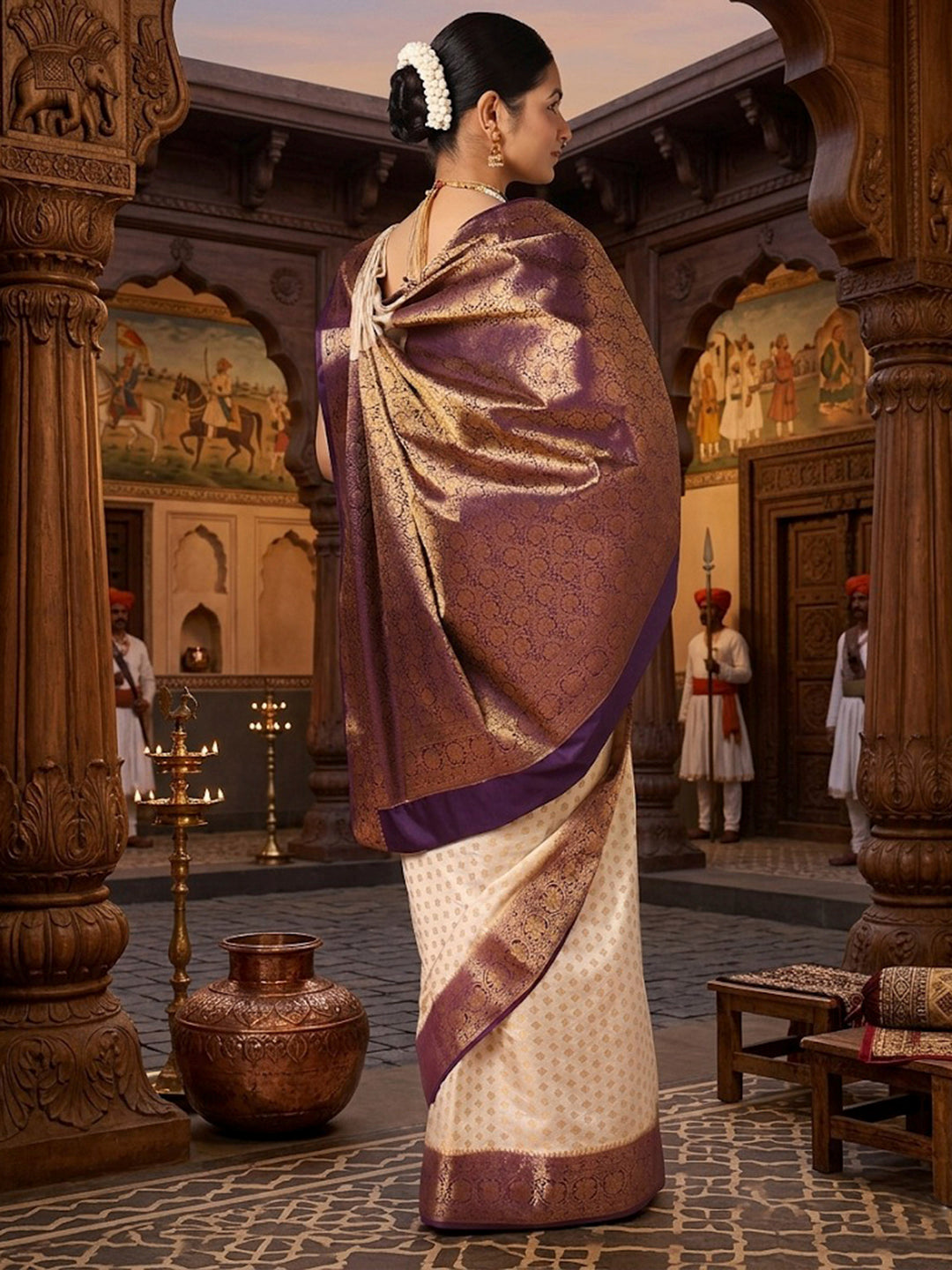 Off White Purple Woven Design Balaton Saree