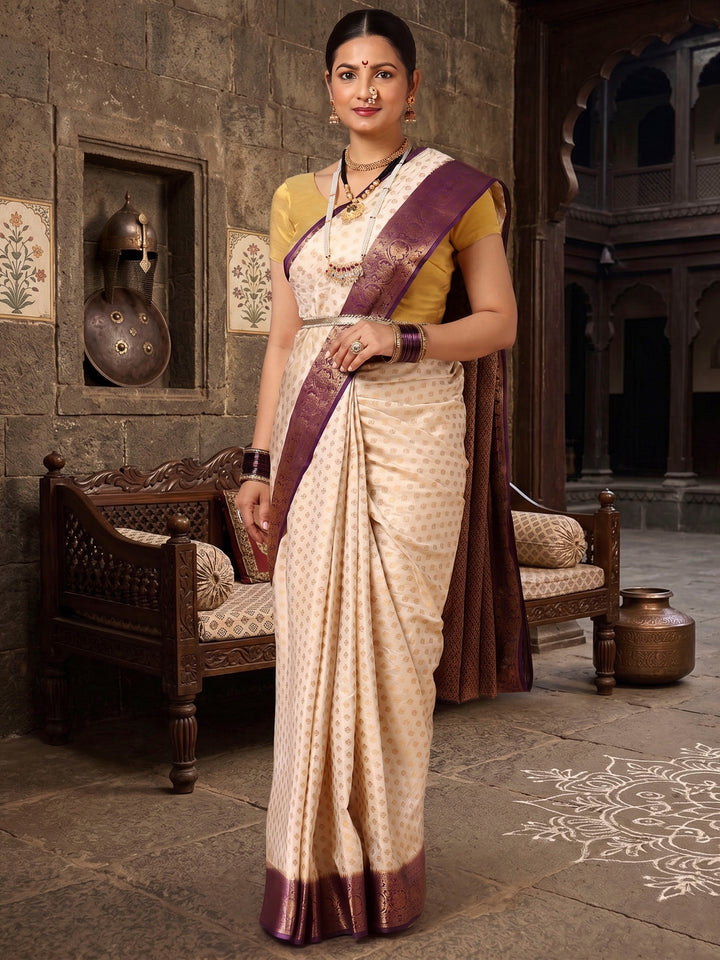 Off White Purple Woven Design Balaton Saree