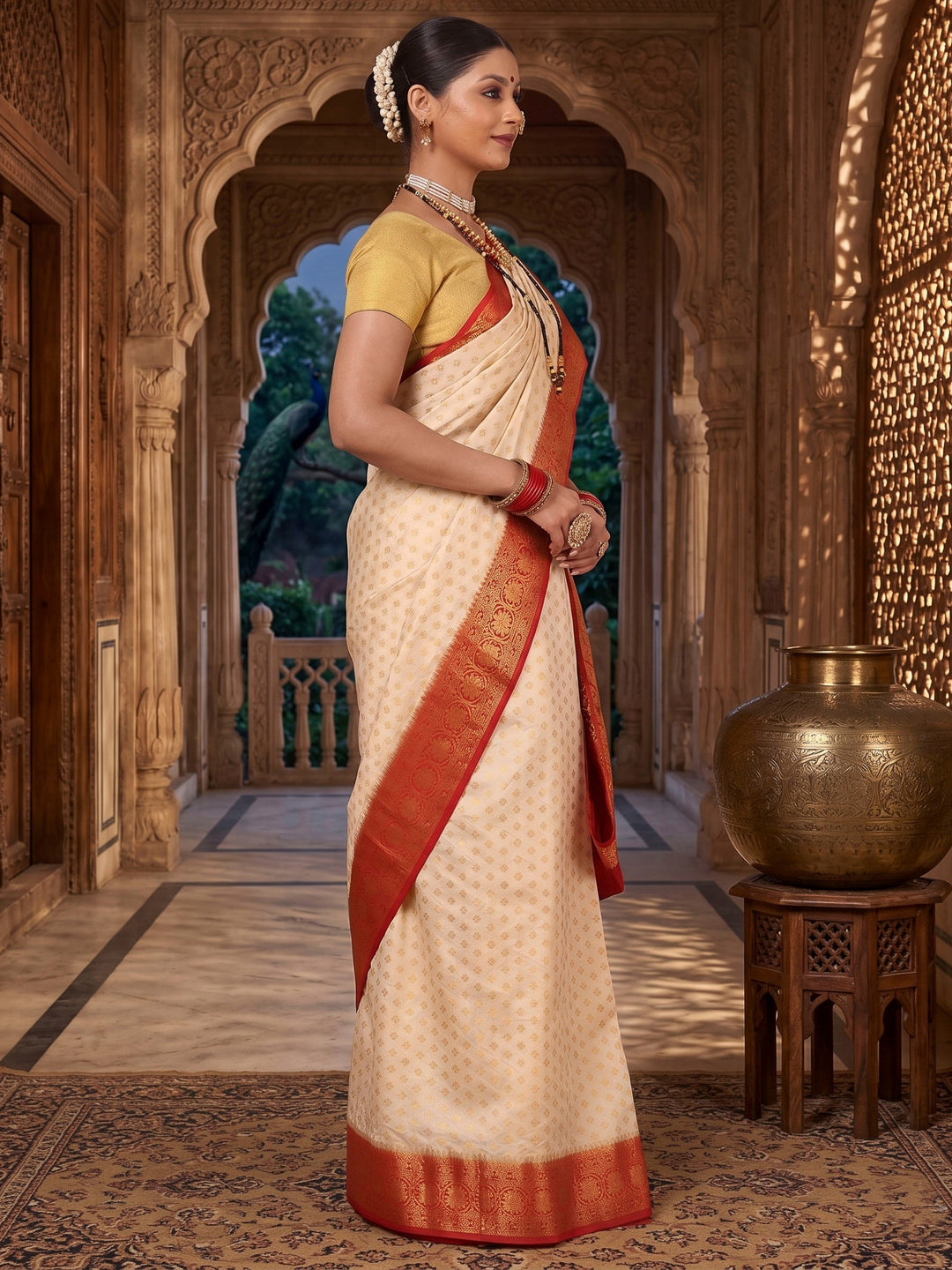Off White Red Woven Design Balaton Saree