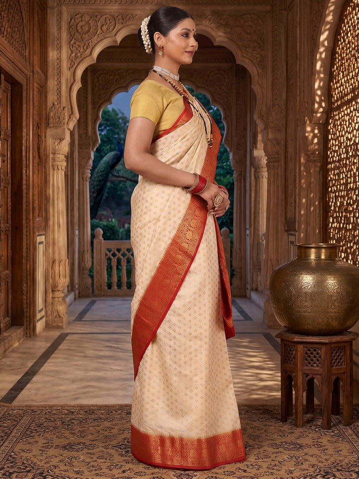 Off White Red Woven Design Balaton Saree