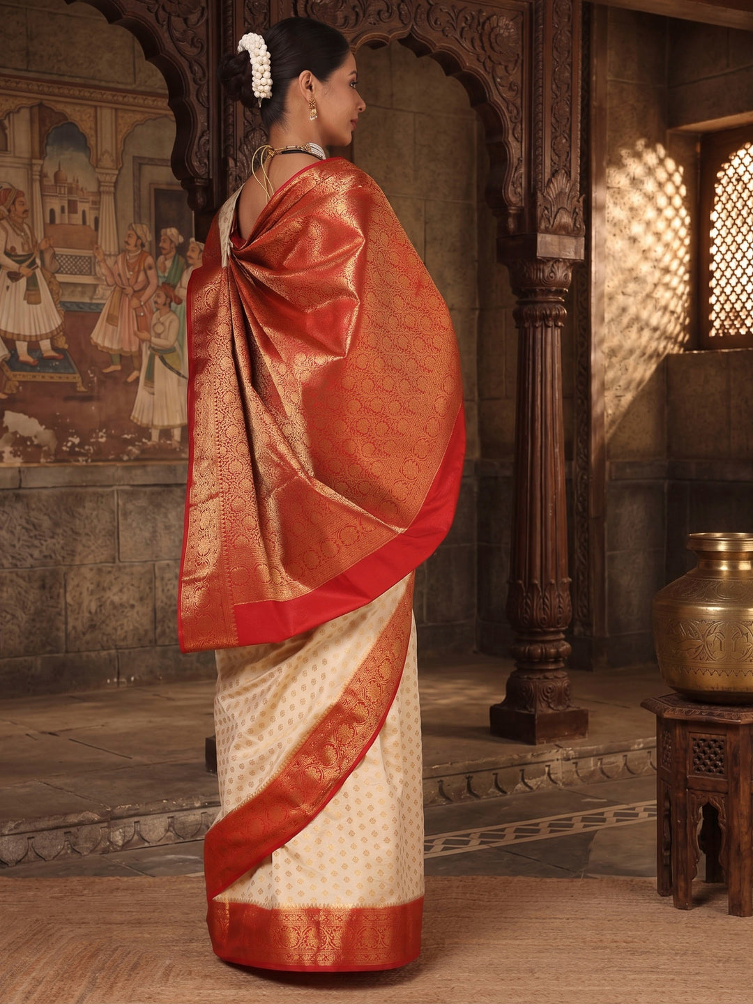 Off White Red Woven Design Balaton Saree