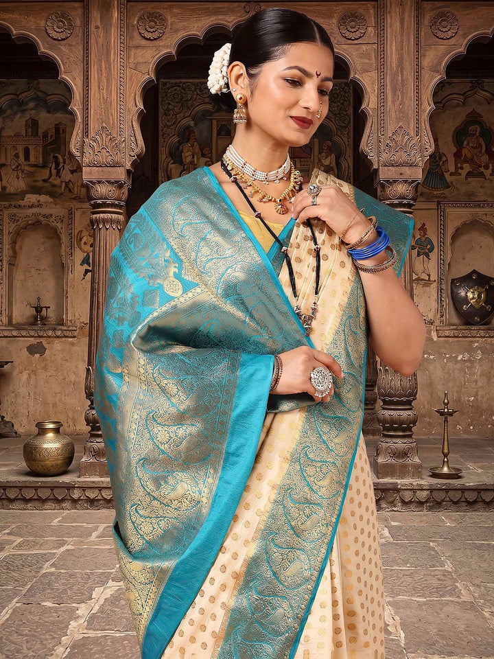 Off White Dark Blue Woven Design Balaton Saree