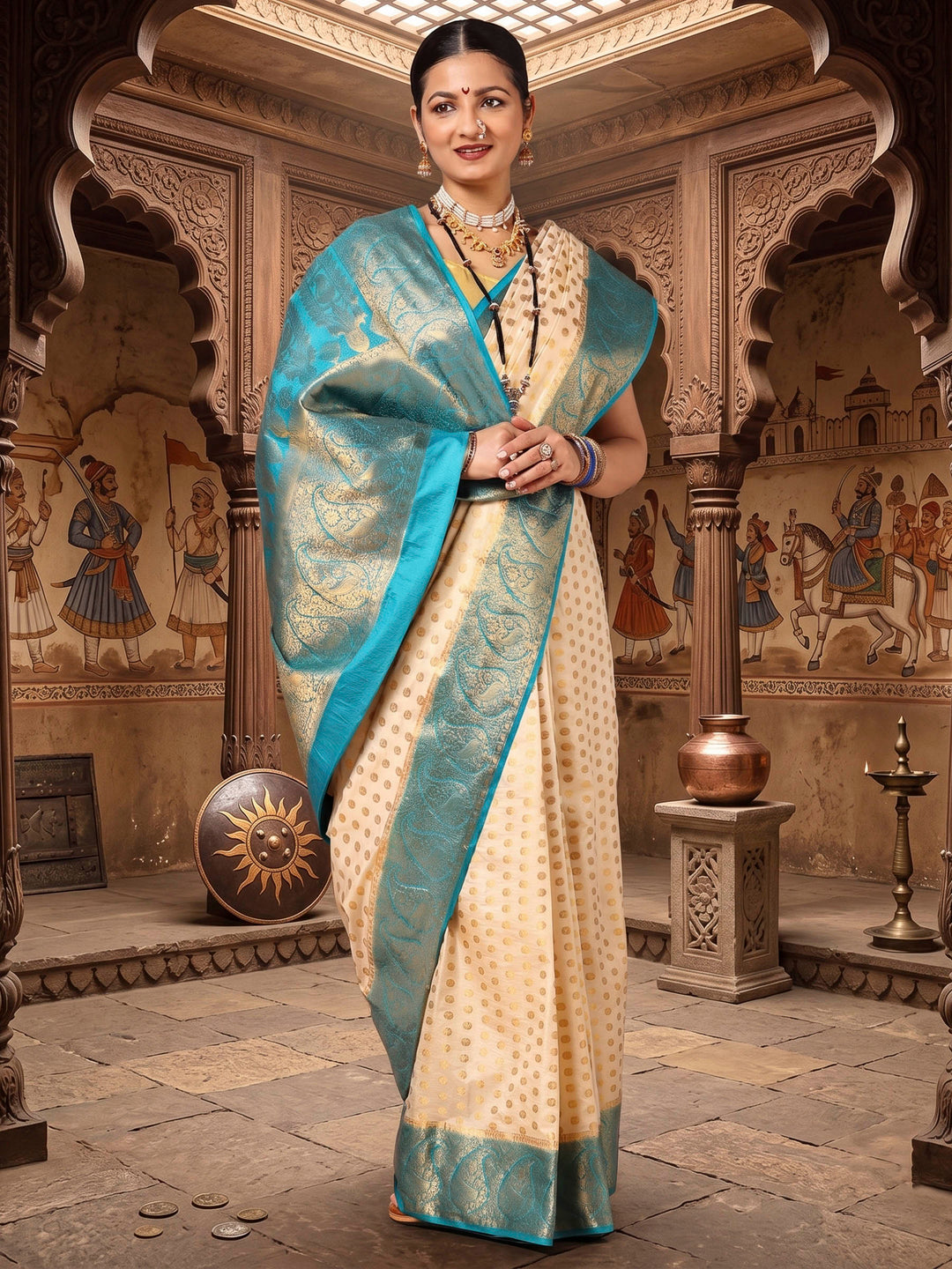 Off White Dark Blue Woven Design Balaton Saree