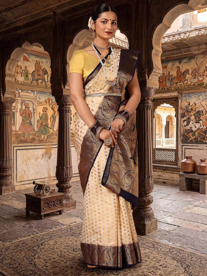 Off White Navy Woven Design Balaton Saree