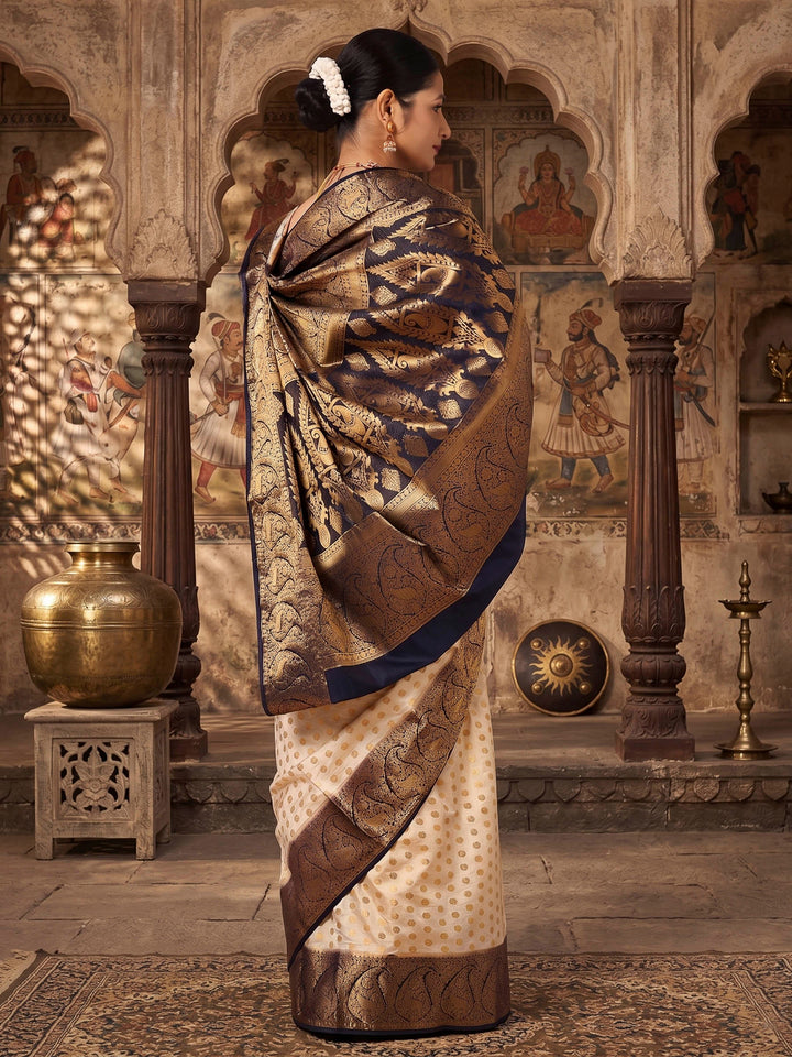 Off White Navy Woven Design Balaton Saree