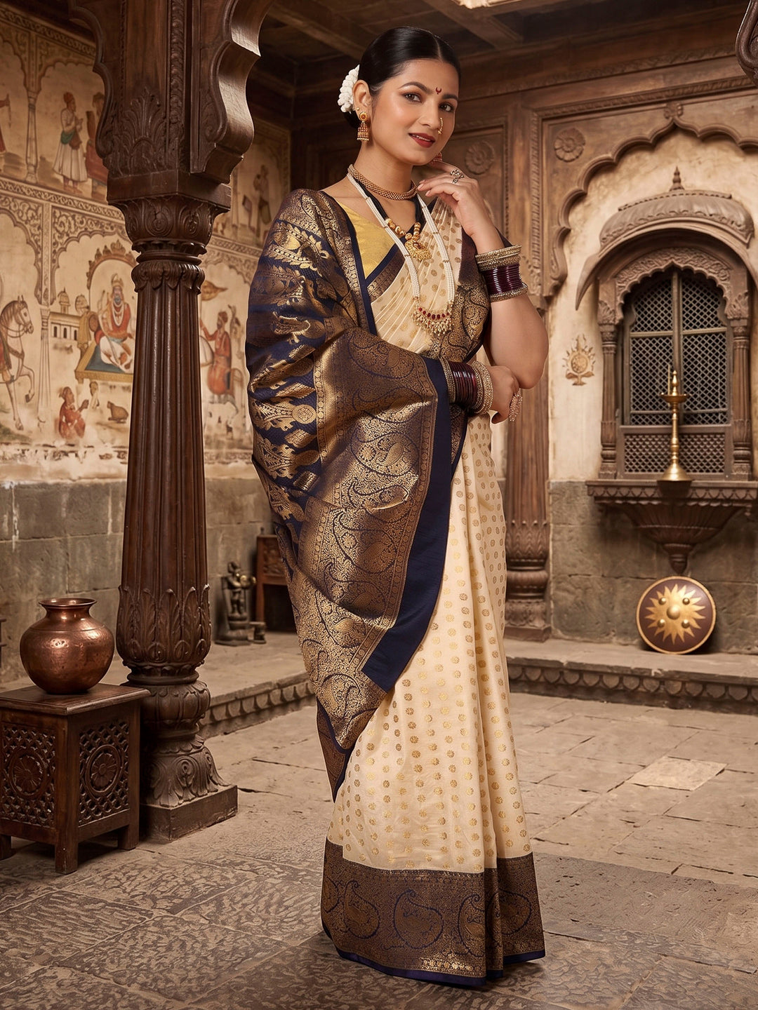 Off White Navy Woven Design Balaton Saree