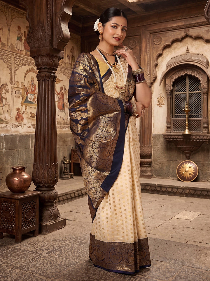 Off White Navy Woven Design Balaton Saree