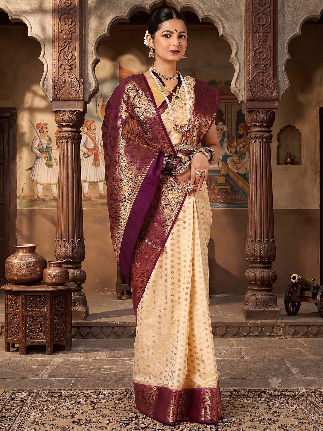 Off White Purple Woven Design Balaton Saree