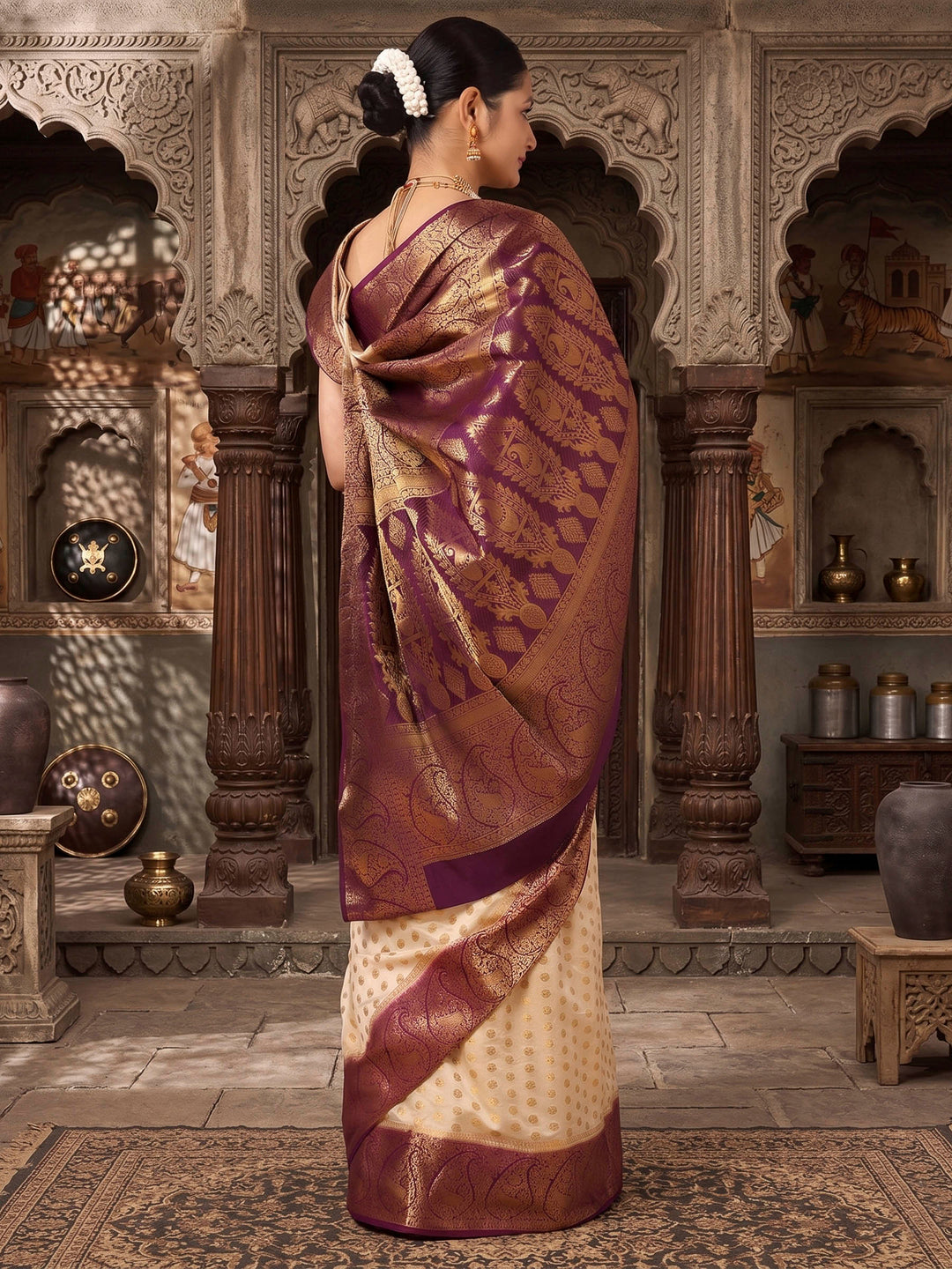 Off White Purple Woven Design Balaton Saree