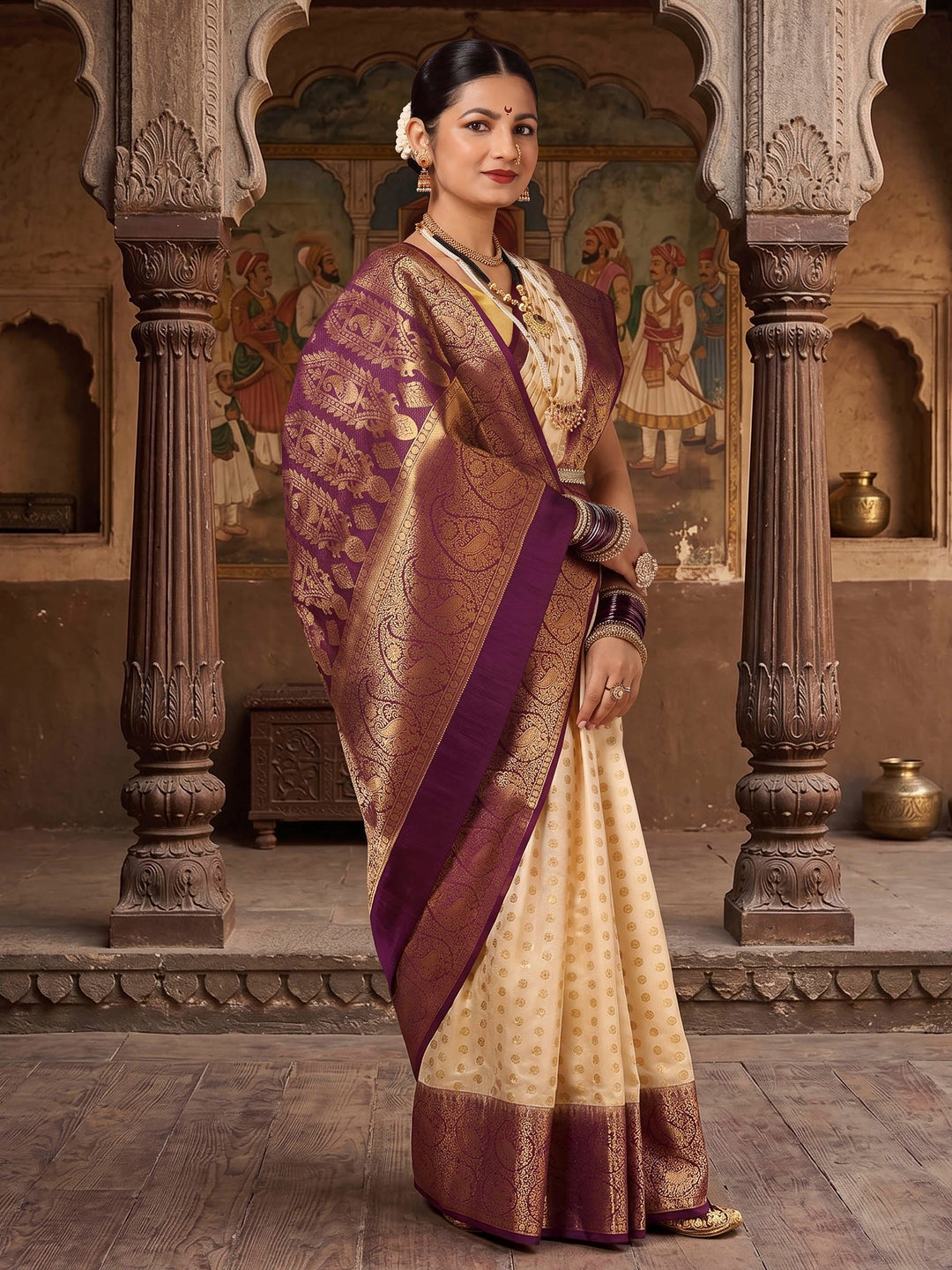 Off White Purple Woven Design Balaton Saree