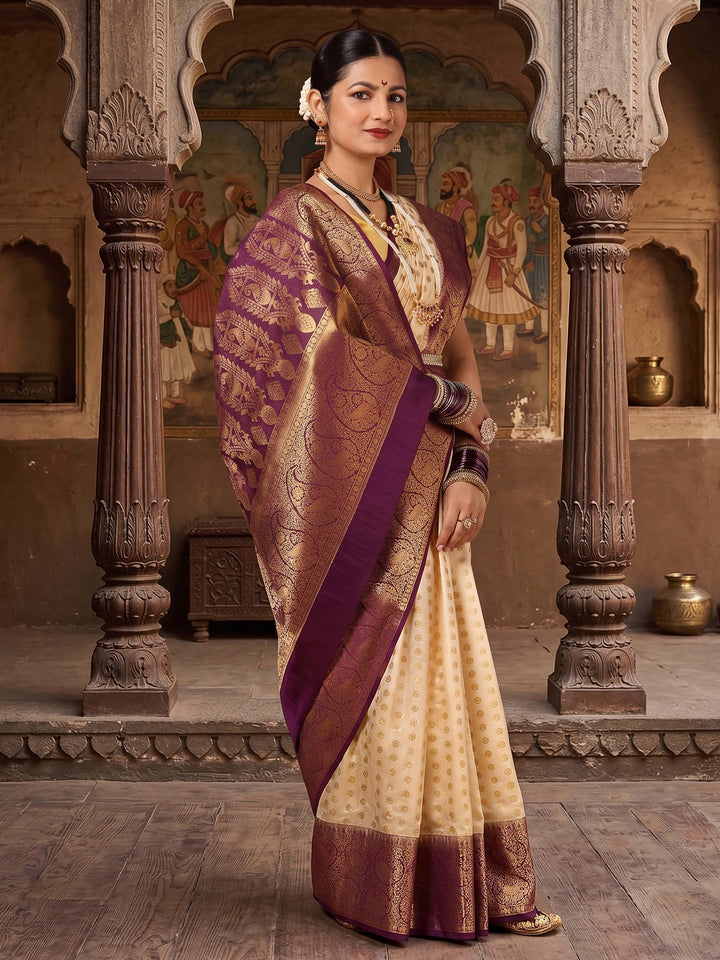 Off White Purple Woven Design Balaton Saree