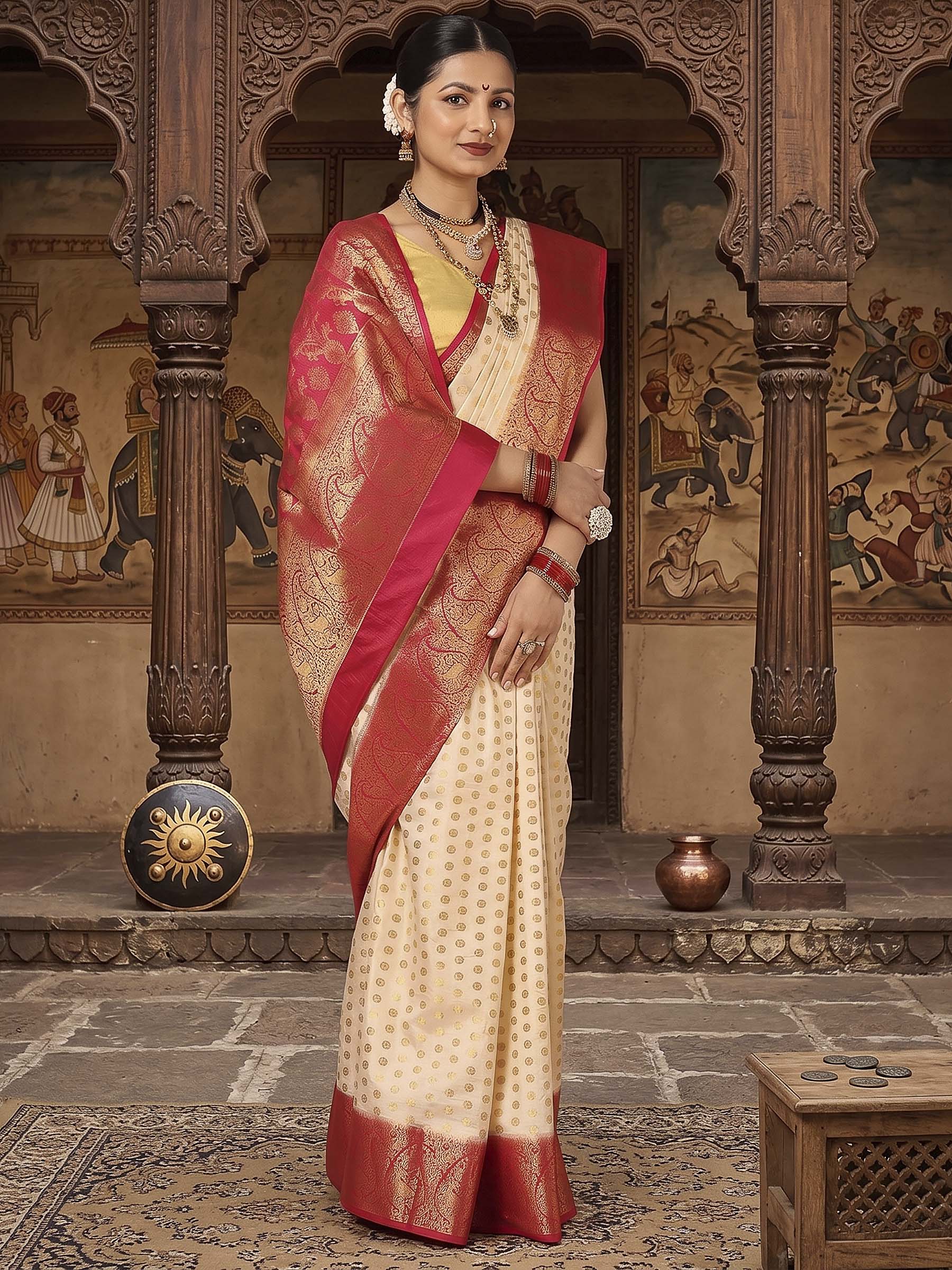 Off White Rani Pink Woven Design Balaton Saree – Meenabazaar