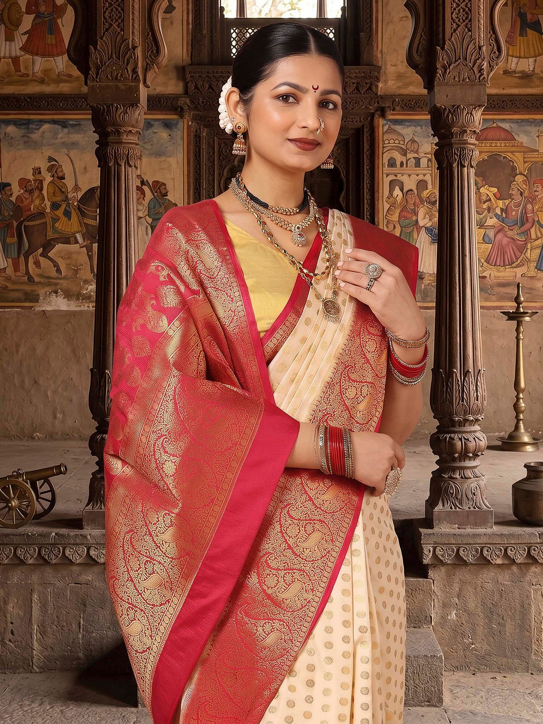 Off White Rani Pink Woven Design Balaton Saree