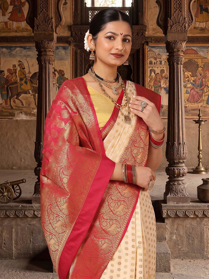 Off White Rani Pink Woven Design Balaton Saree