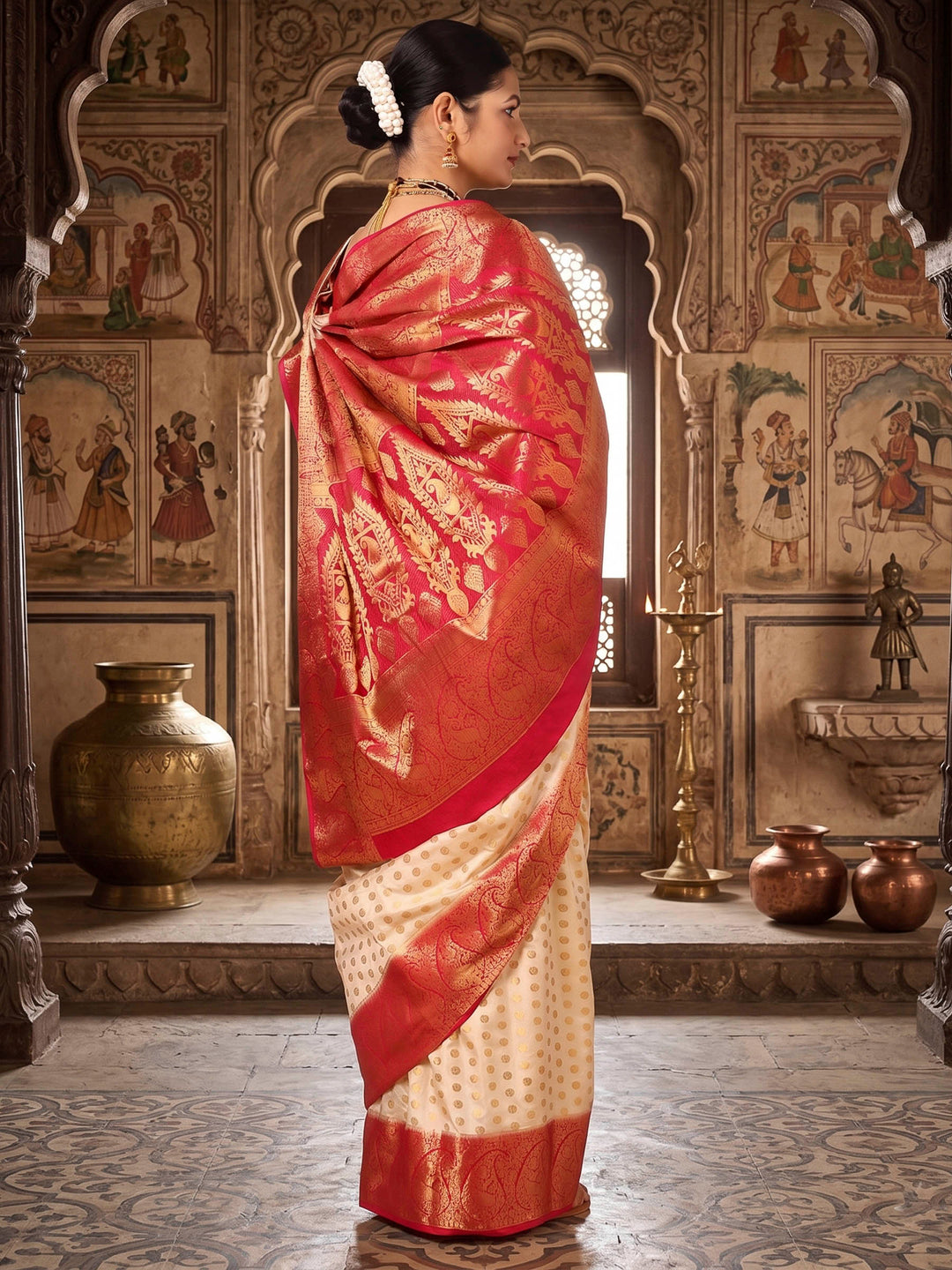 Off White Rani Pink Woven Design Balaton Saree