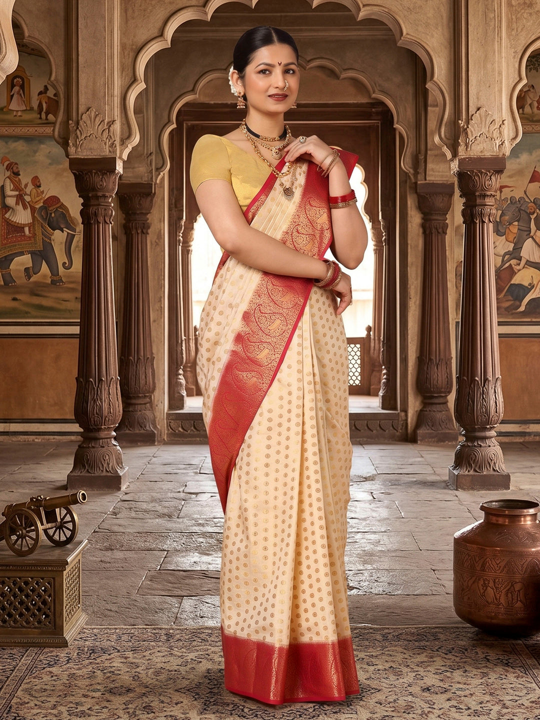 Off White Rani Pink Woven Design Balaton Saree