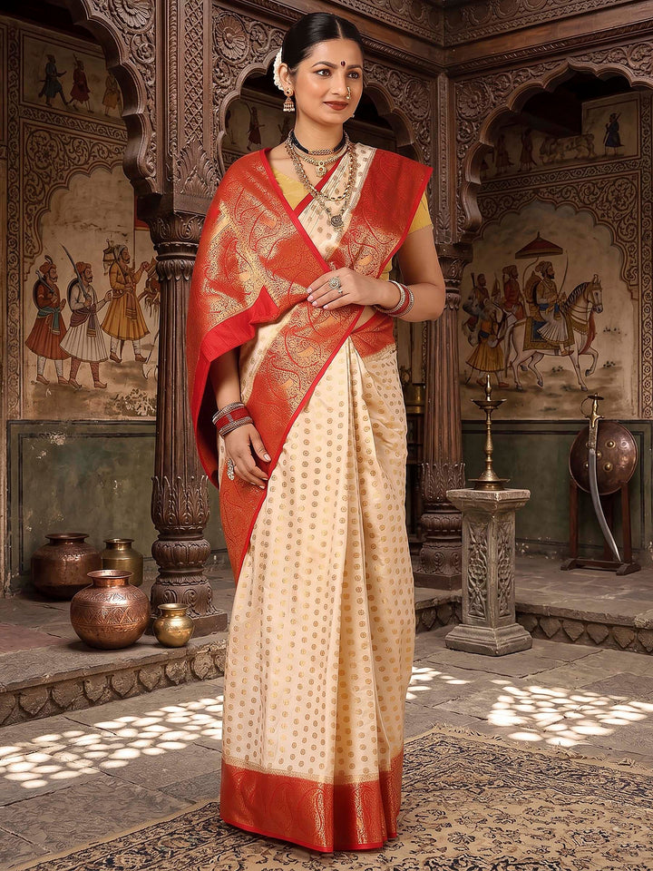 Off White Red Woven Design Balaton Saree