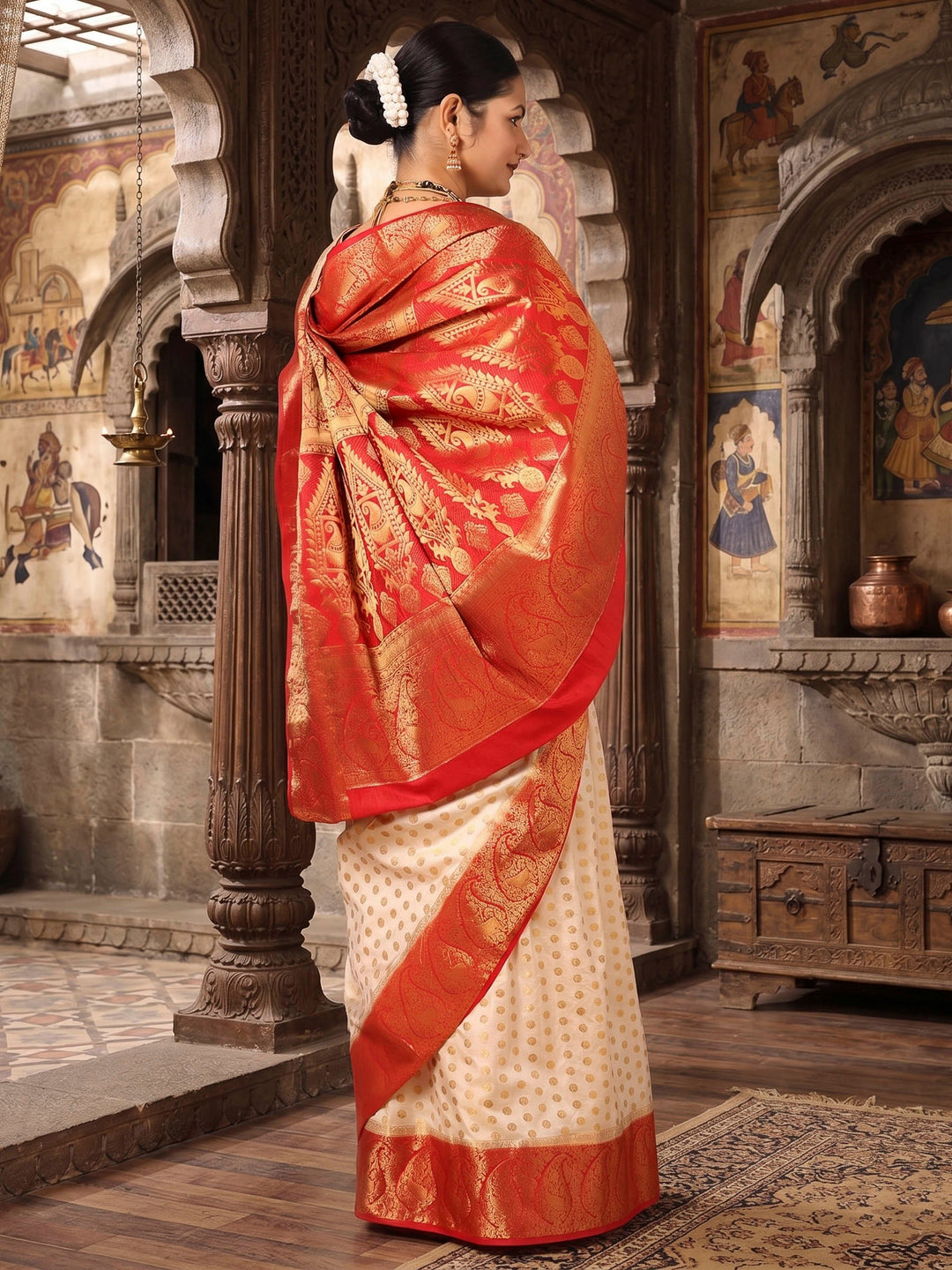 Off White Red Woven Design Balaton Saree