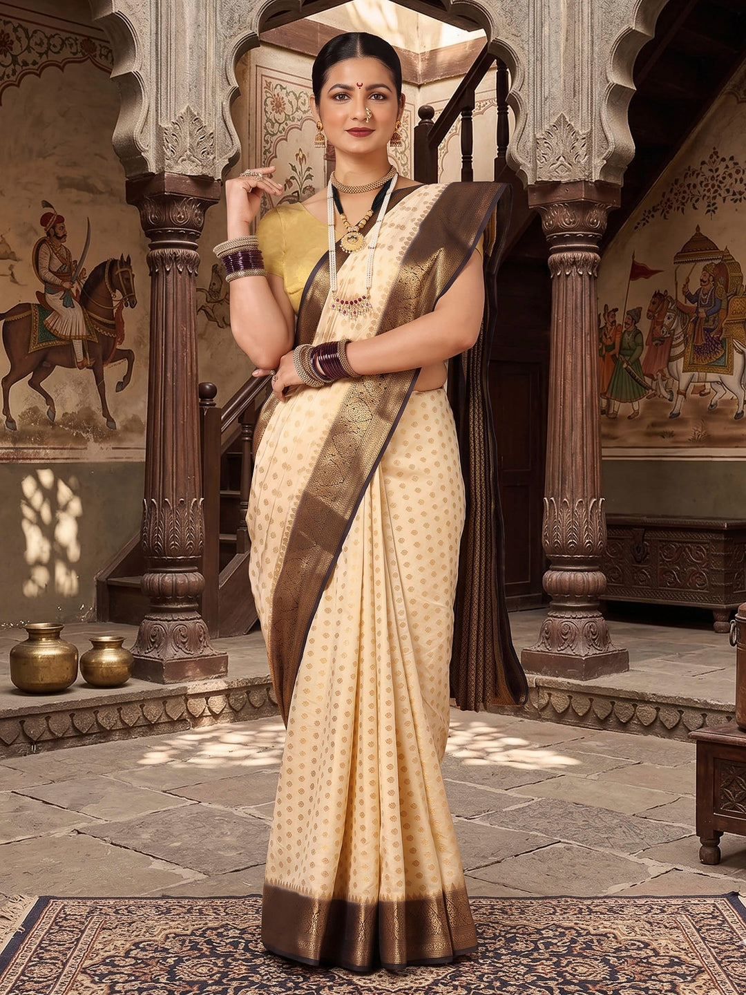 Off White Black Woven Design Balaton Saree