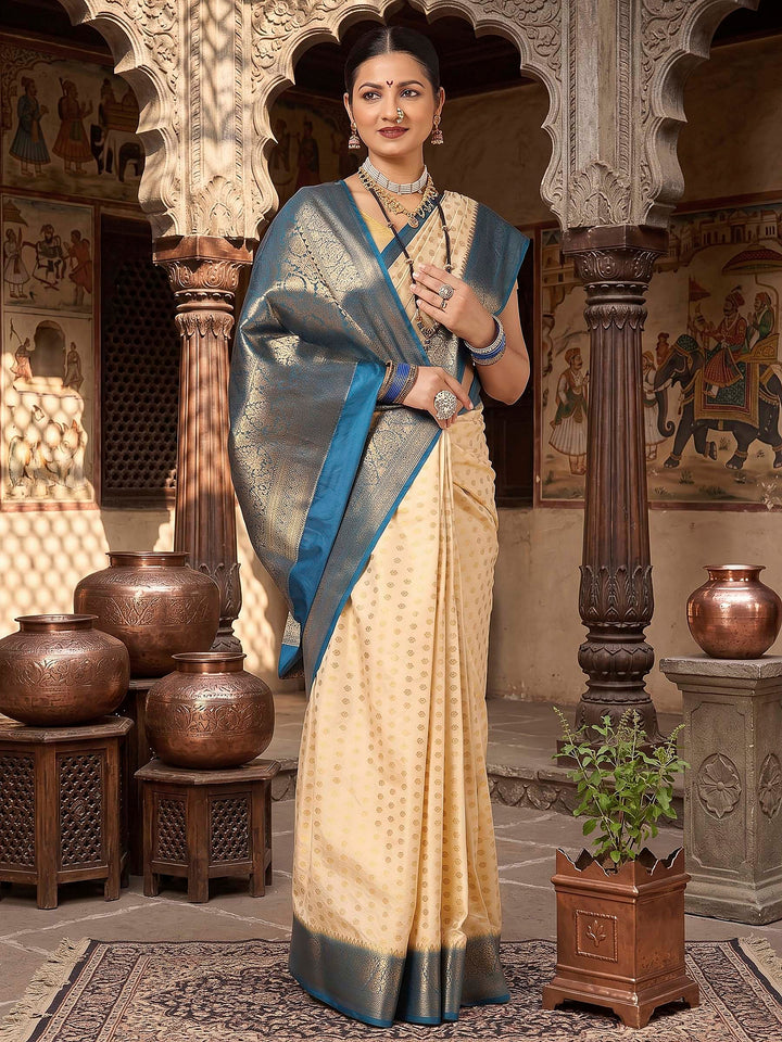 Off White Blue Woven Design Balaton Saree