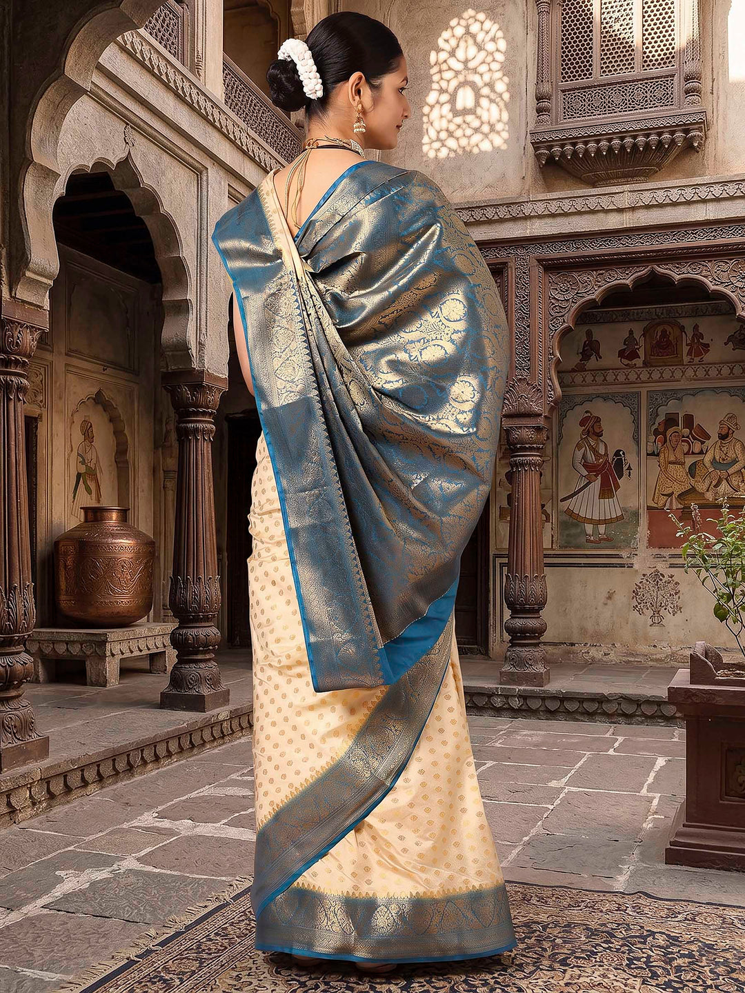 Off White Blue Woven Design Balaton Saree