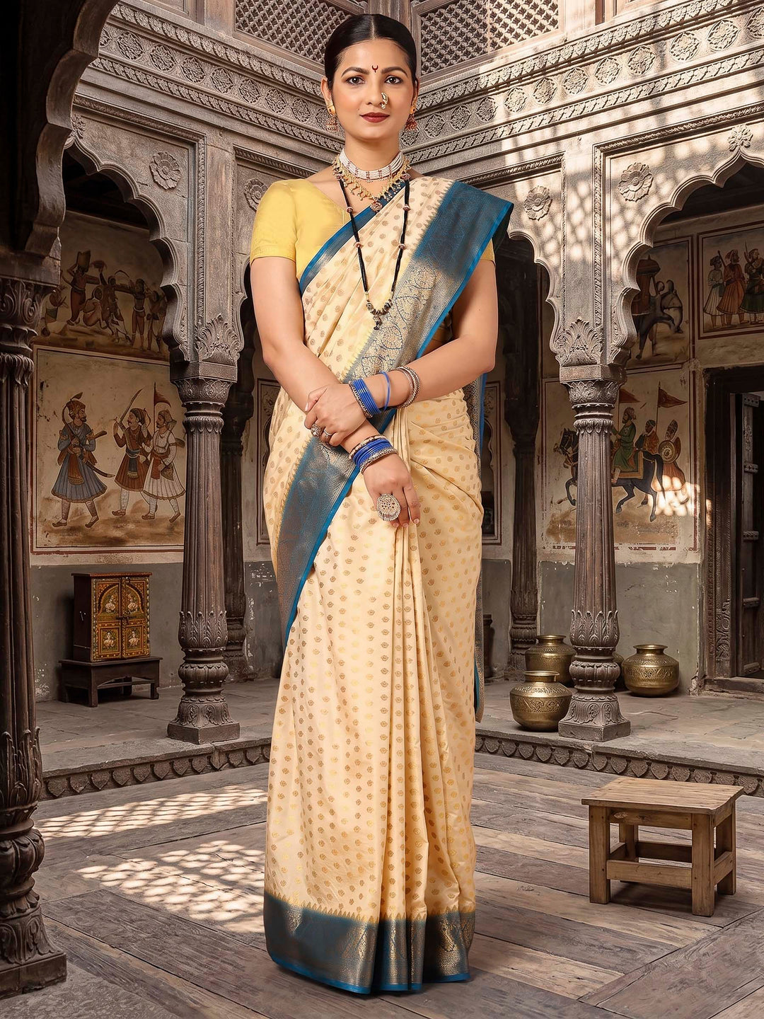 Off White Blue Woven Design Balaton Saree