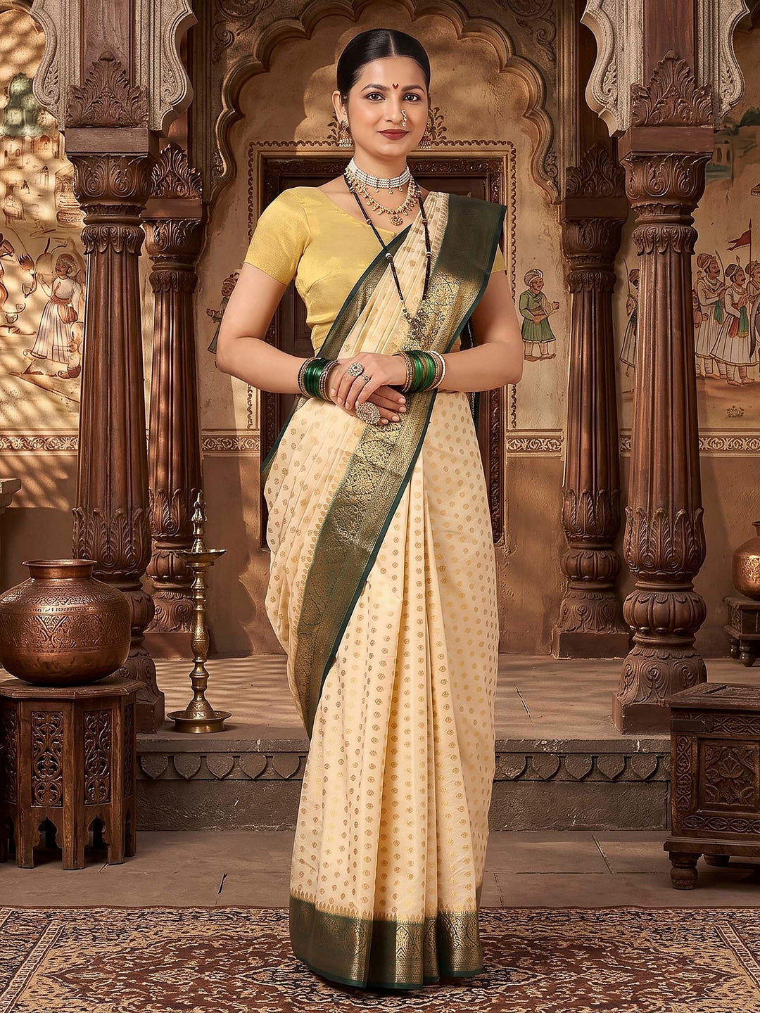 Off White Green Woven Design Balaton Saree