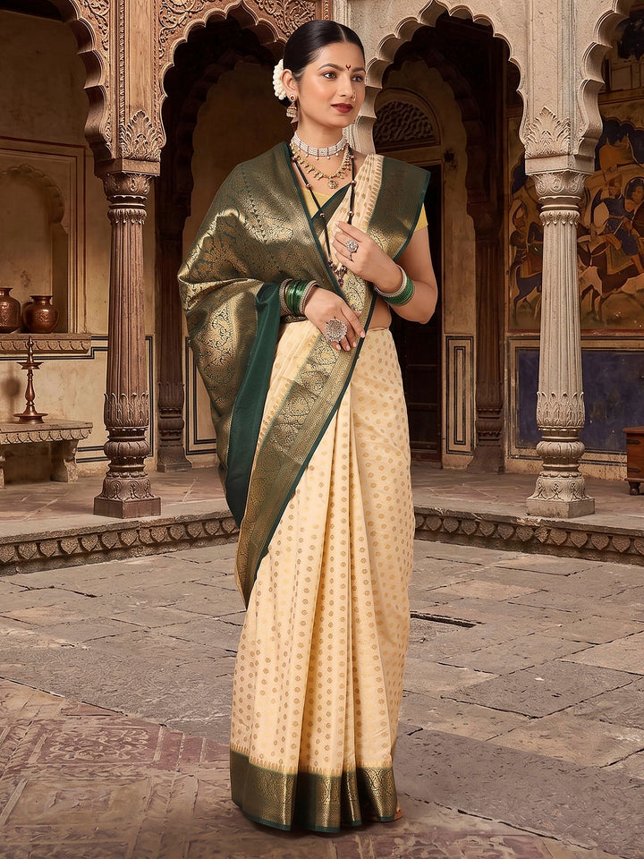 Off White Green Woven Design Balaton Saree