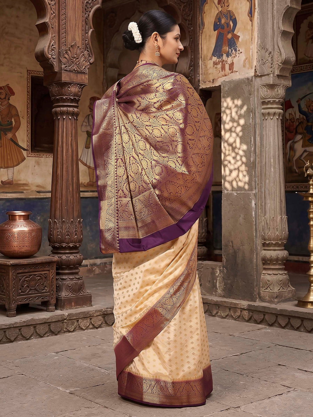 Off White Maroon Woven Design Balaton Saree