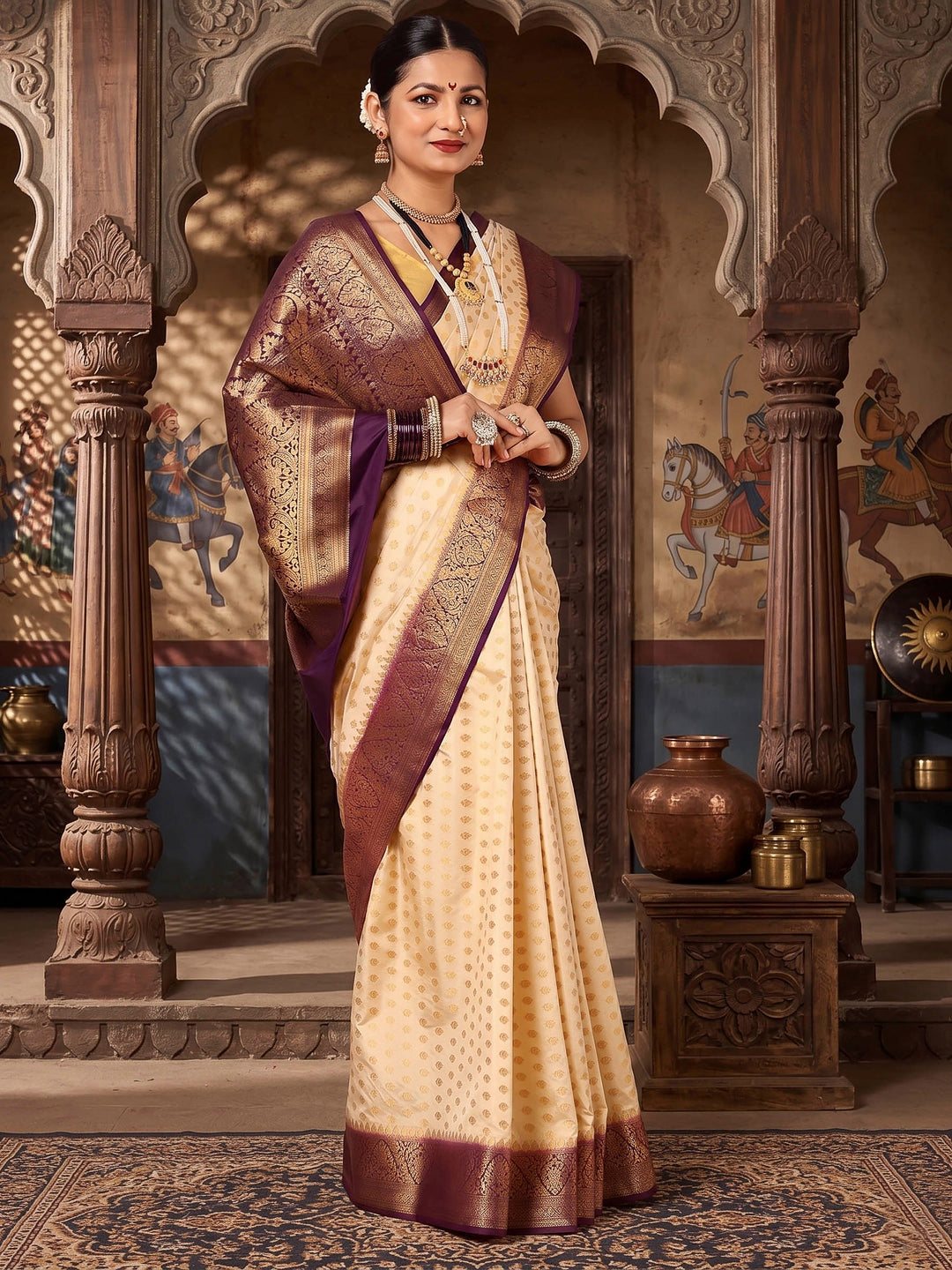Off White Maroon Woven Design Balaton Saree