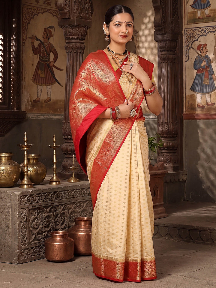 Off White Red Woven Design Balaton Saree