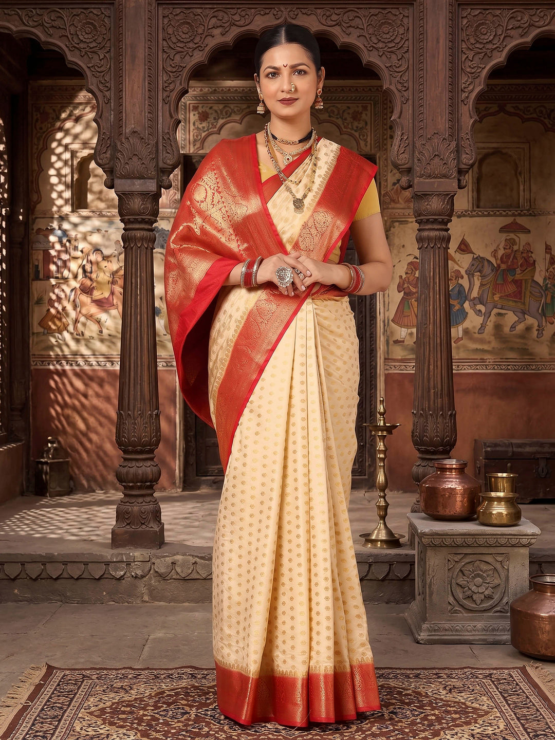 Off White Red Woven Design Balaton Saree